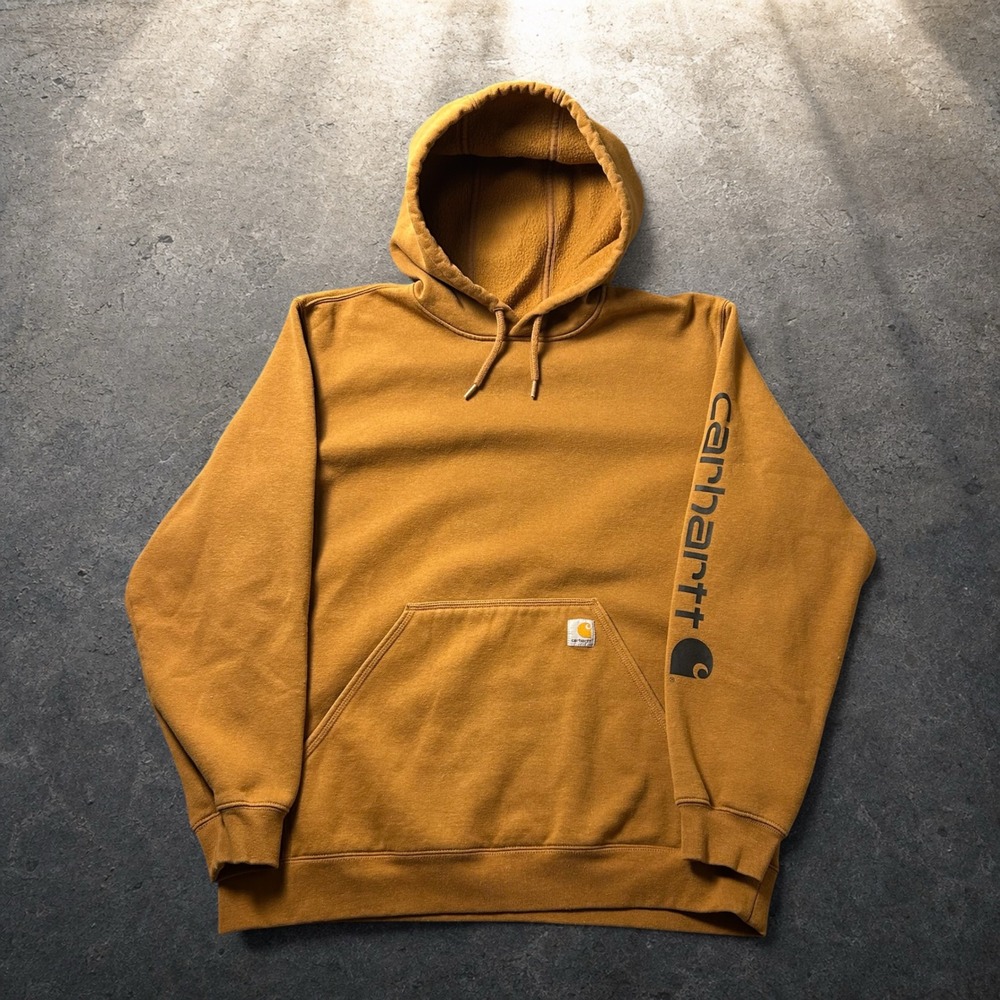 Carhartt Loose Fit Sleeve Logo Hoodie Brown Skater Workwear Size XL